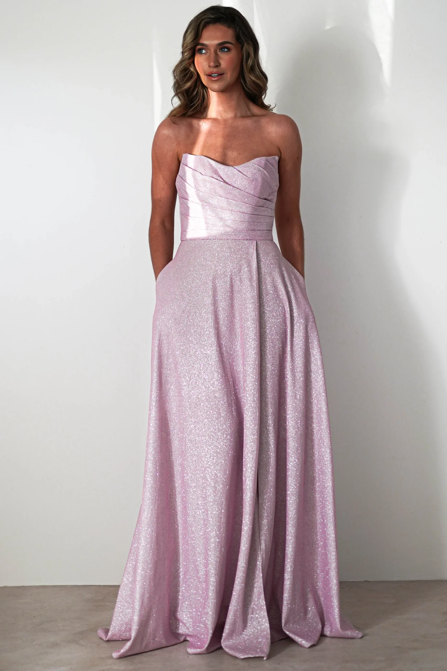 Cassia Strapless Glitter Aline Gown | Pink