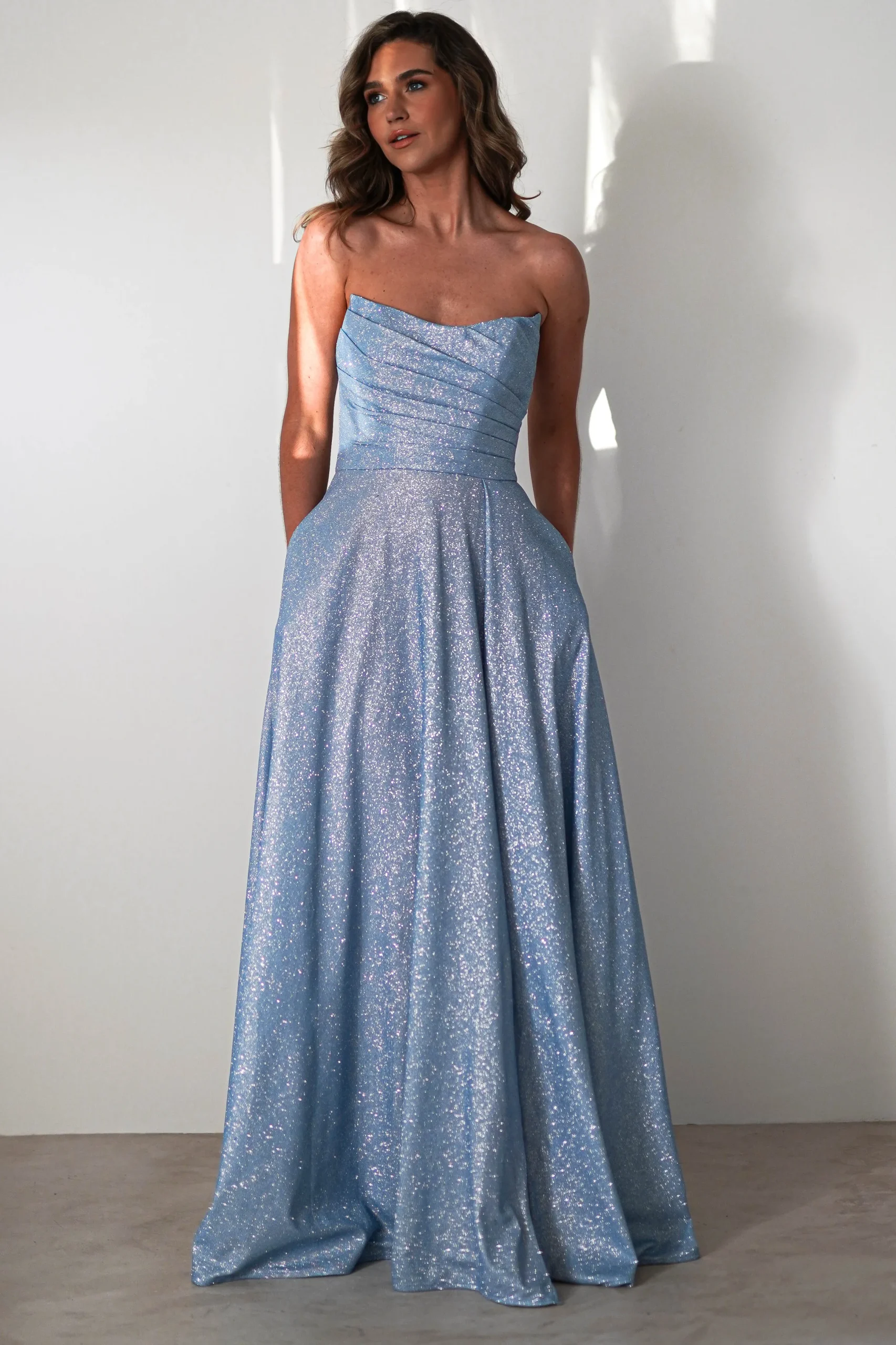 Cassia Strapless Glitter Aline Gown | Blue