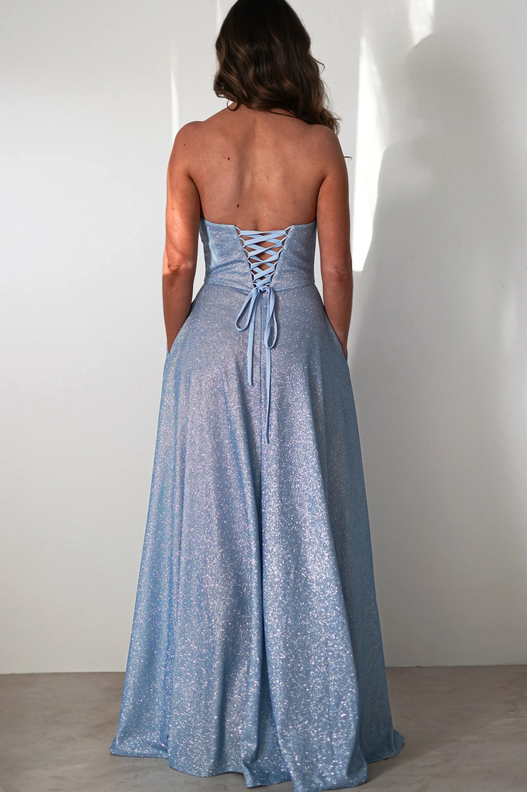 Cassia Strapless Glitter Aline Gown | Blue