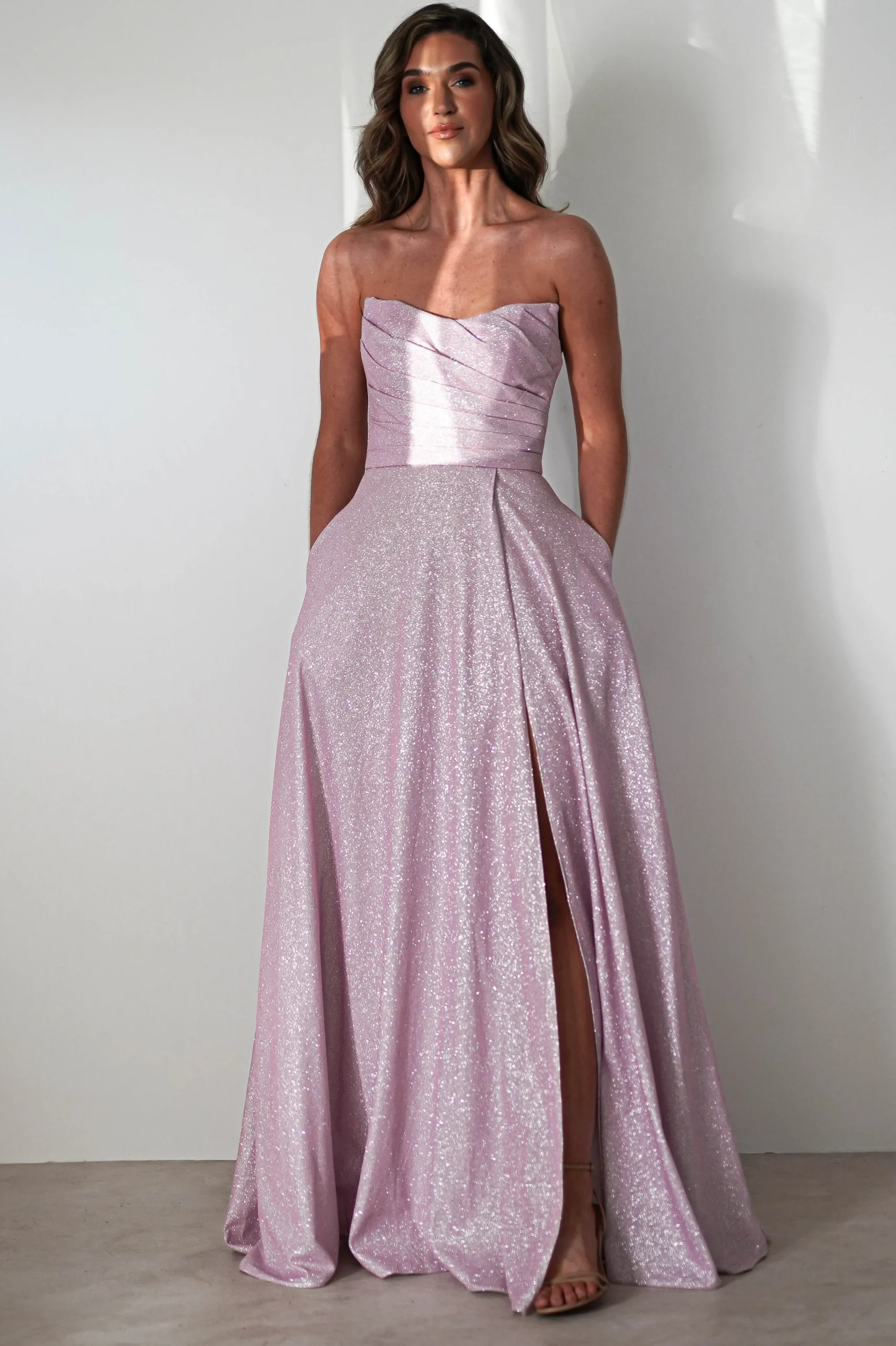 Cassia Strapless Glitter Aline Gown | Pink