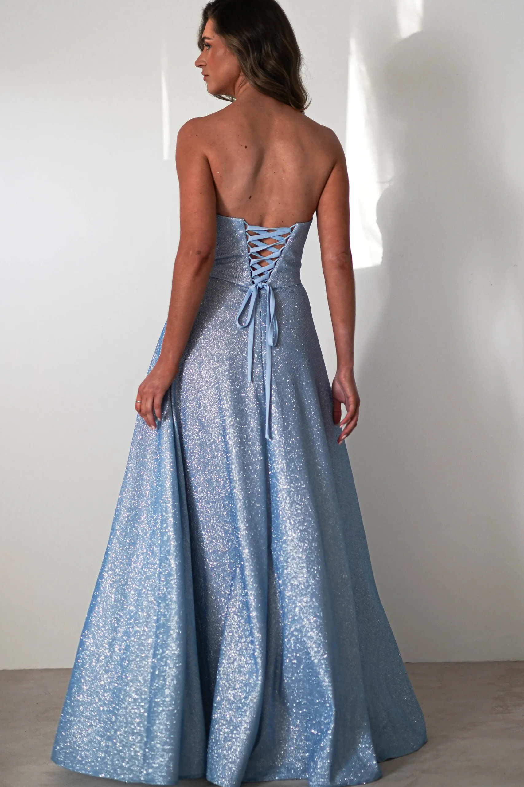 Cassia Strapless Glitter Aline Gown | Blue