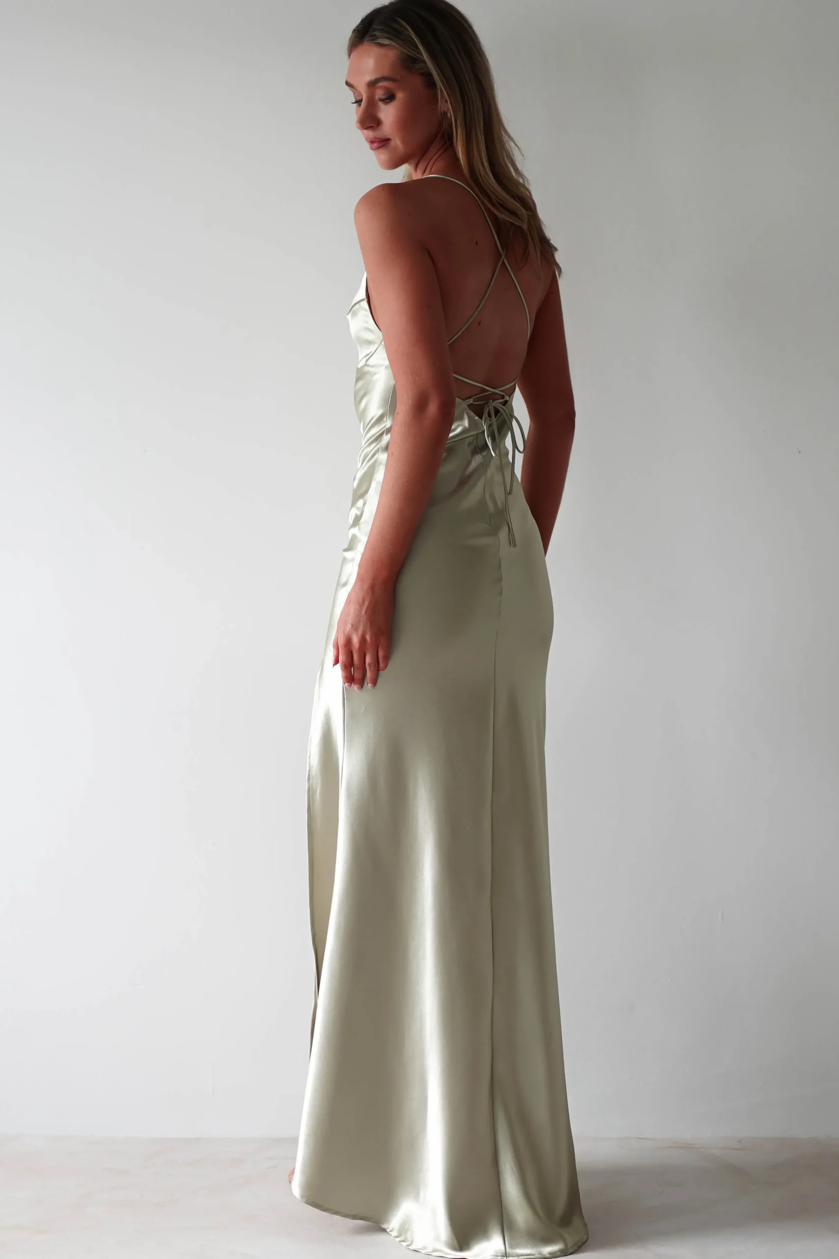Celinee Satin Maxi Gown | Sage