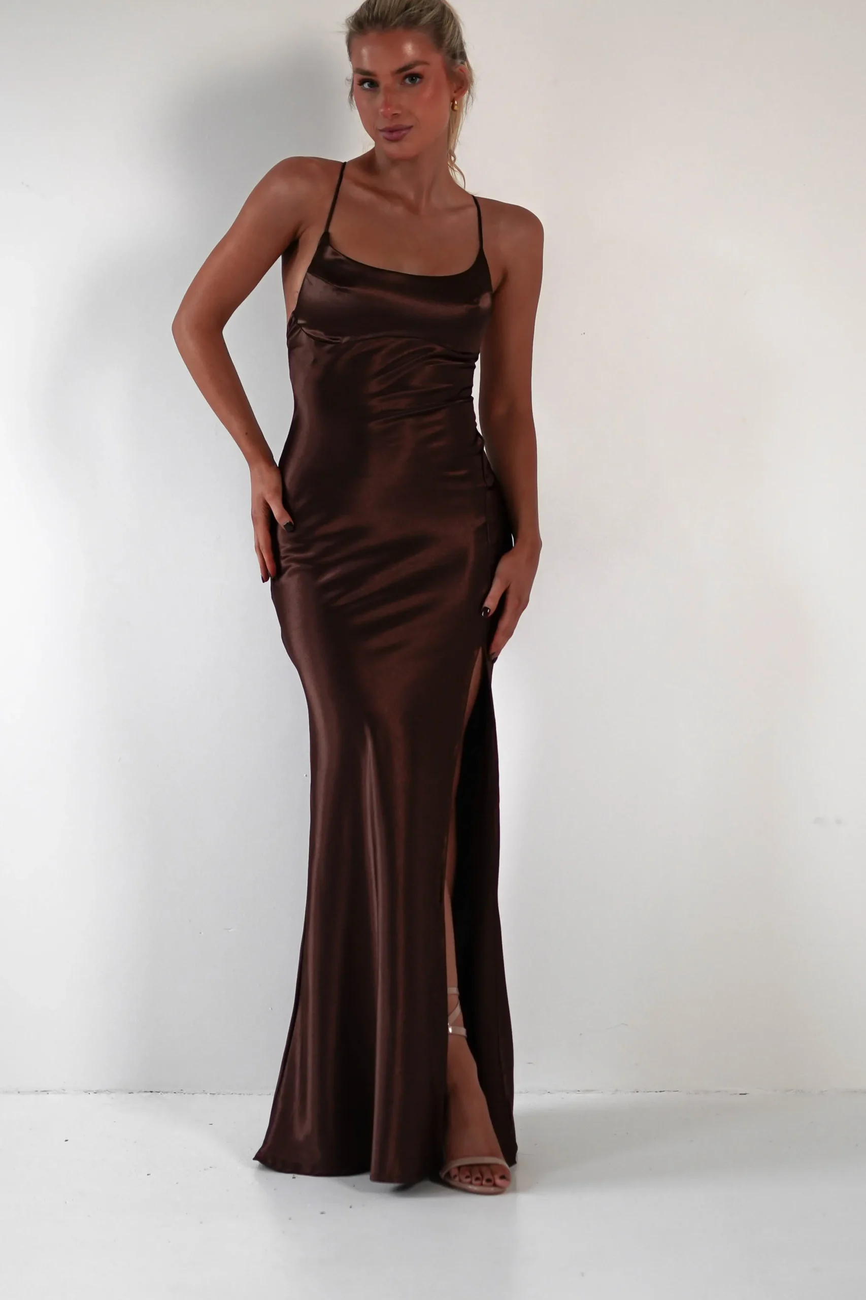 Celinee Satin Maxi Gown | Brown