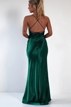Celinee Satin Maxi Gown | Emerald Green