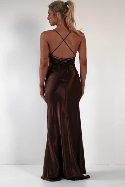 Celinee Satin Maxi Gown | Brown