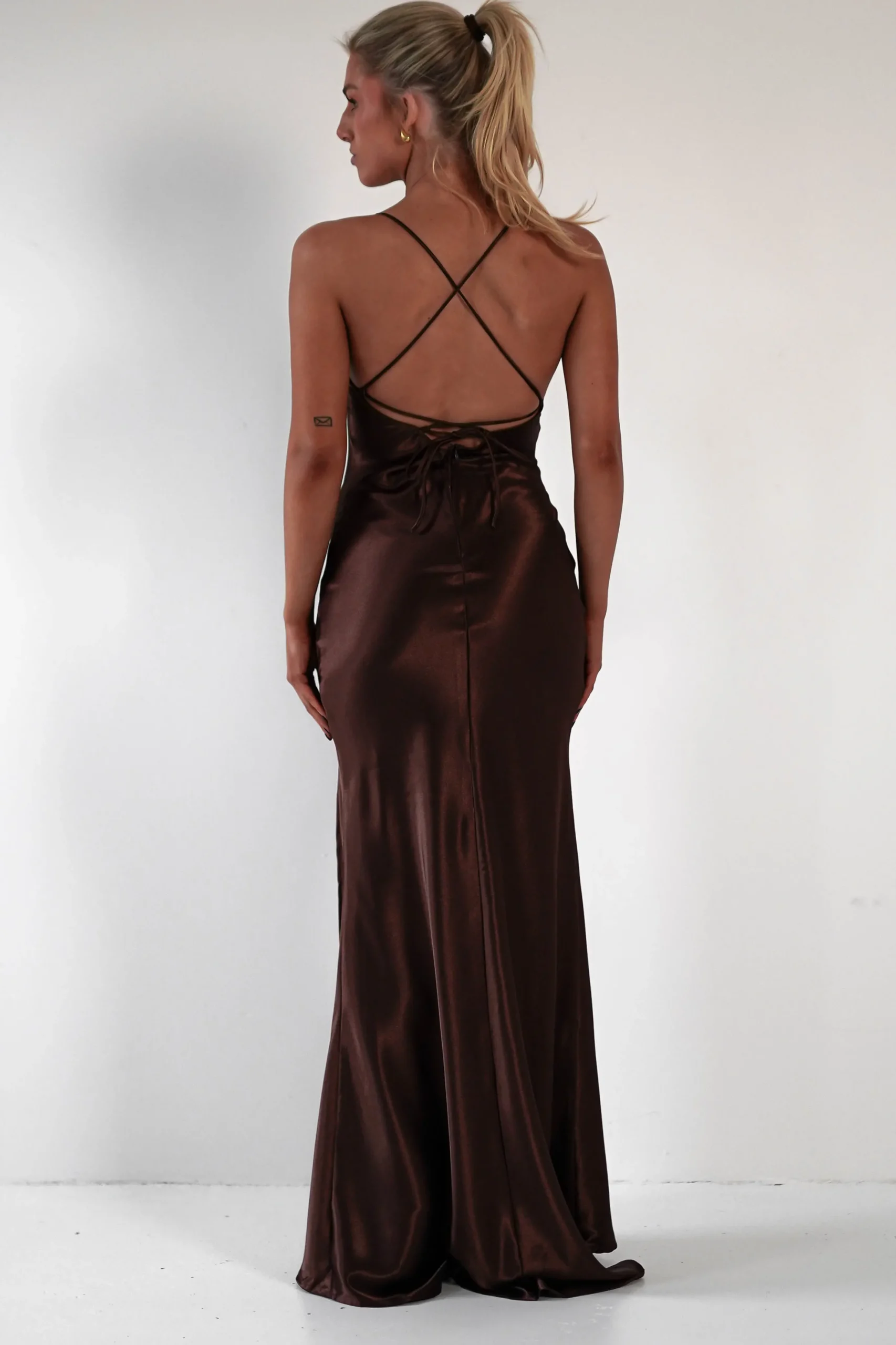 Celinee Satin Maxi Gown | Brown