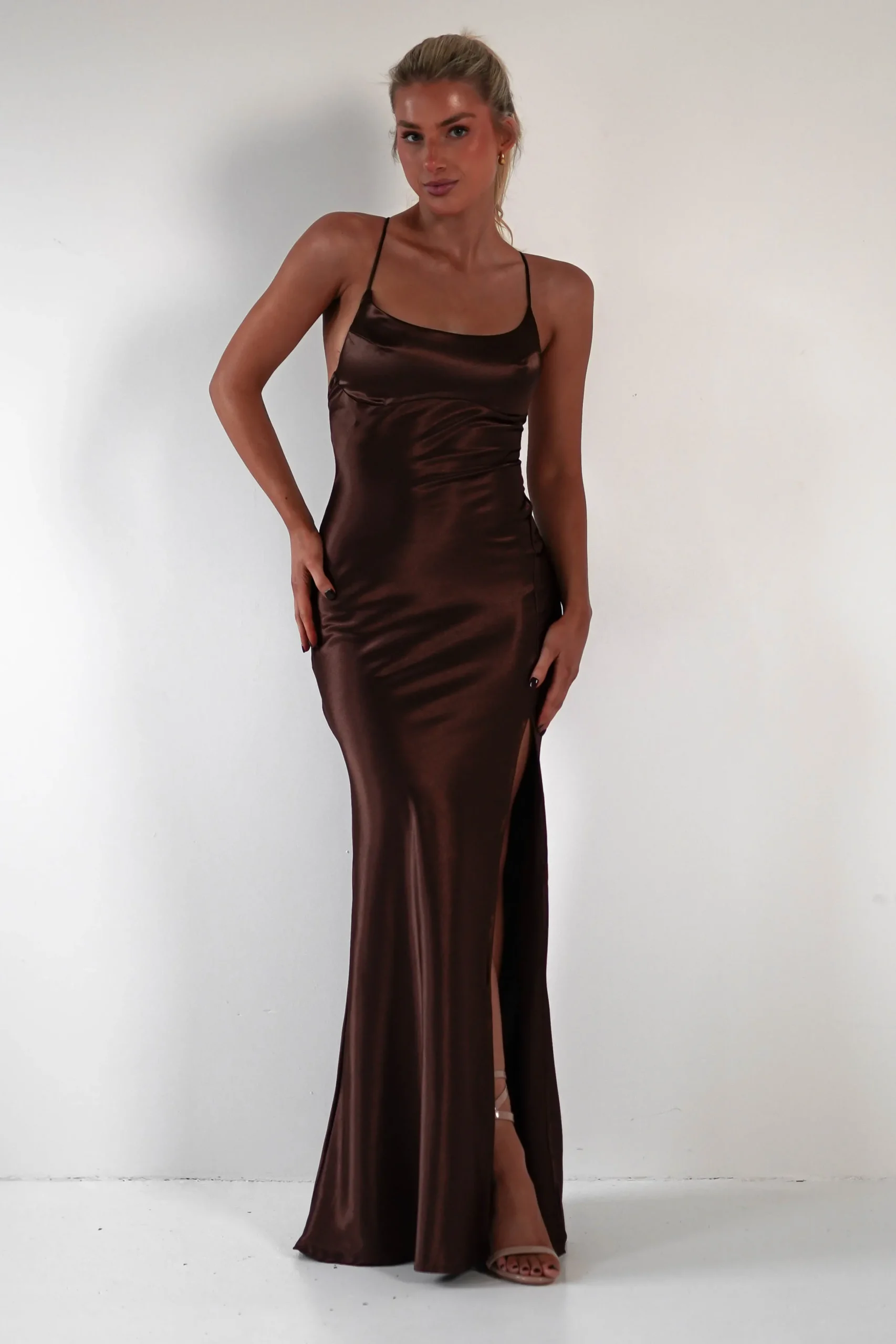 Celinee Satin Maxi Gown | Brown