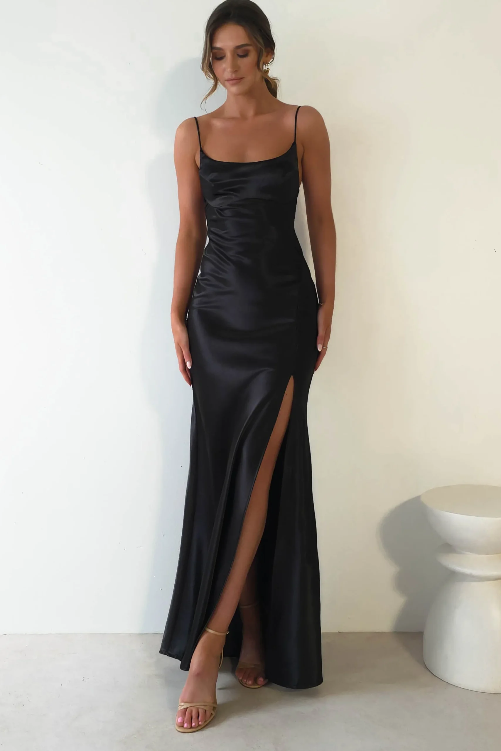 Celinee Satin Maxi Gown | Black