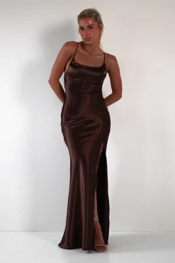 Celinee Satin Maxi Gown | Brown