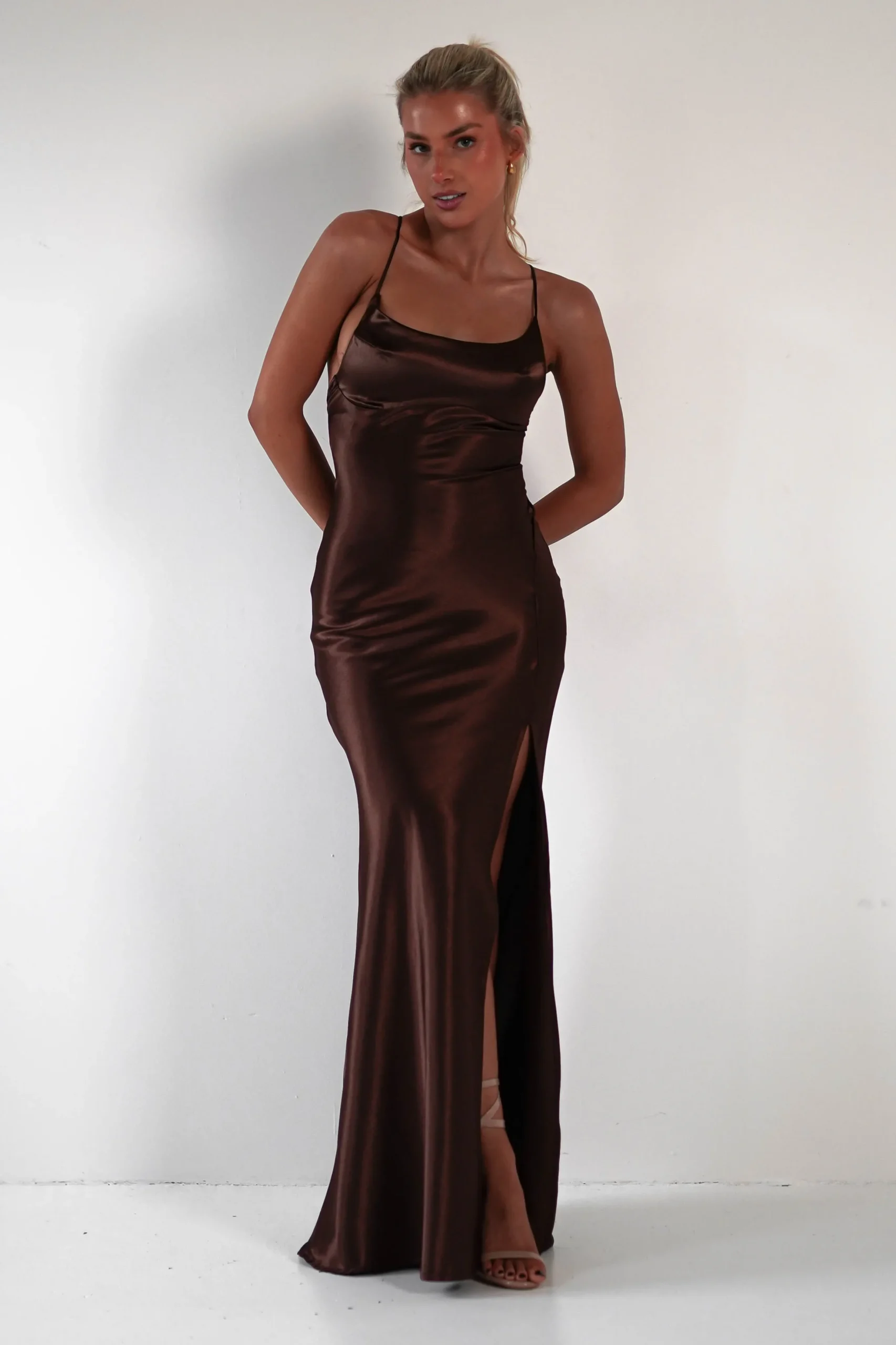 Celinee Satin Maxi Gown | Brown
