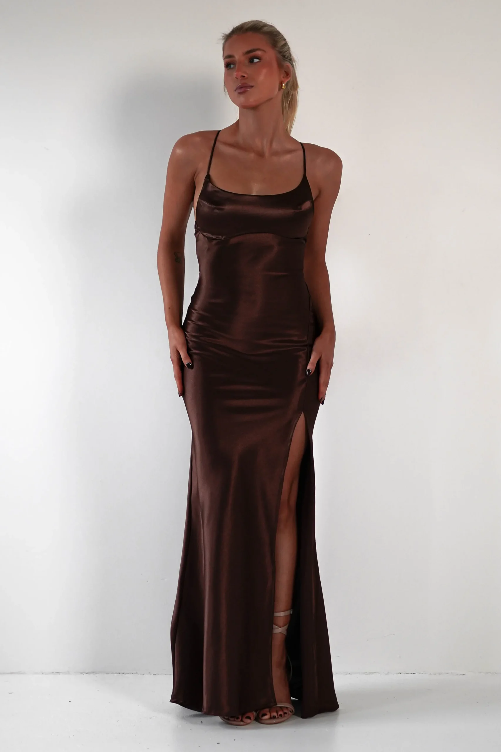 Celinee Satin Maxi Gown | Brown