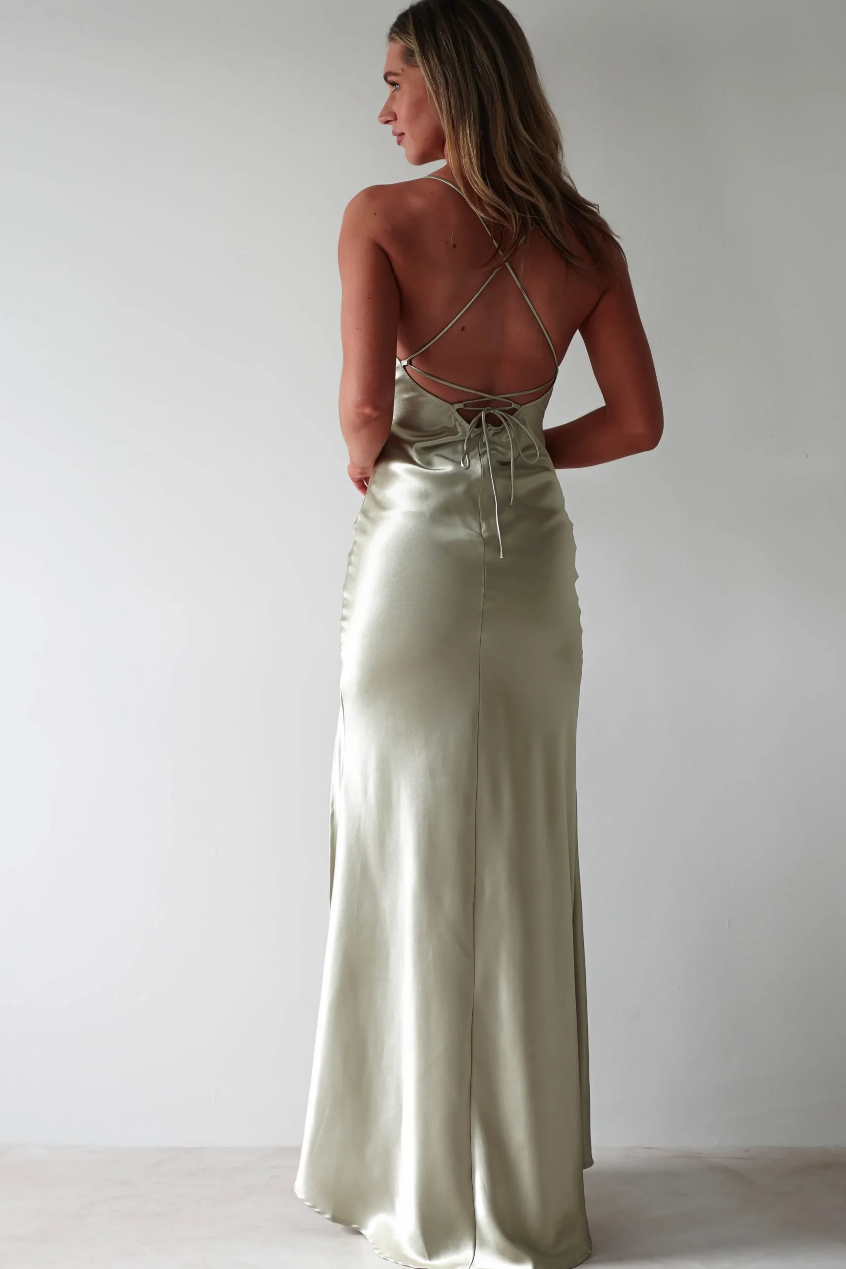 Celinee Satin Maxi Gown | Sage