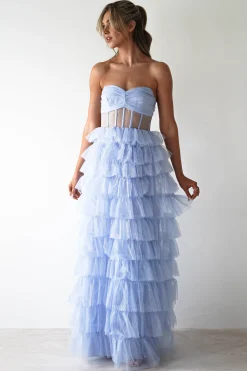 Claudette Ruffle Glitter Maxi Dress | Blue