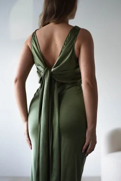 Darlee Tie Back Satin Maxi Dress | Olive