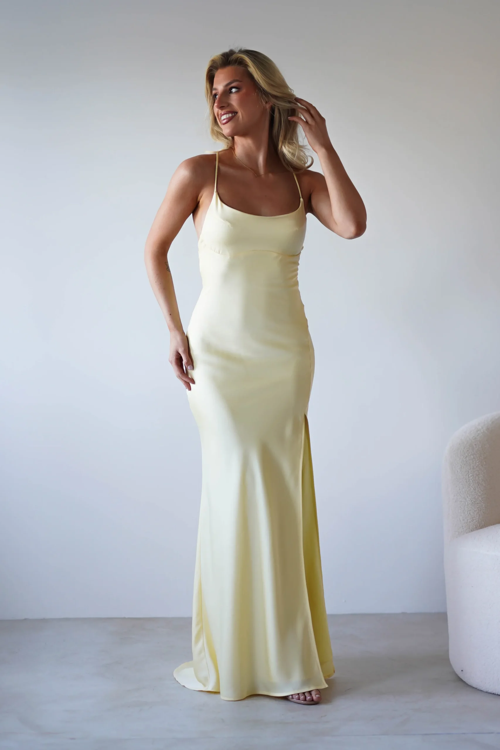 Elsa Matte Satin Maxi Gown | Yellow