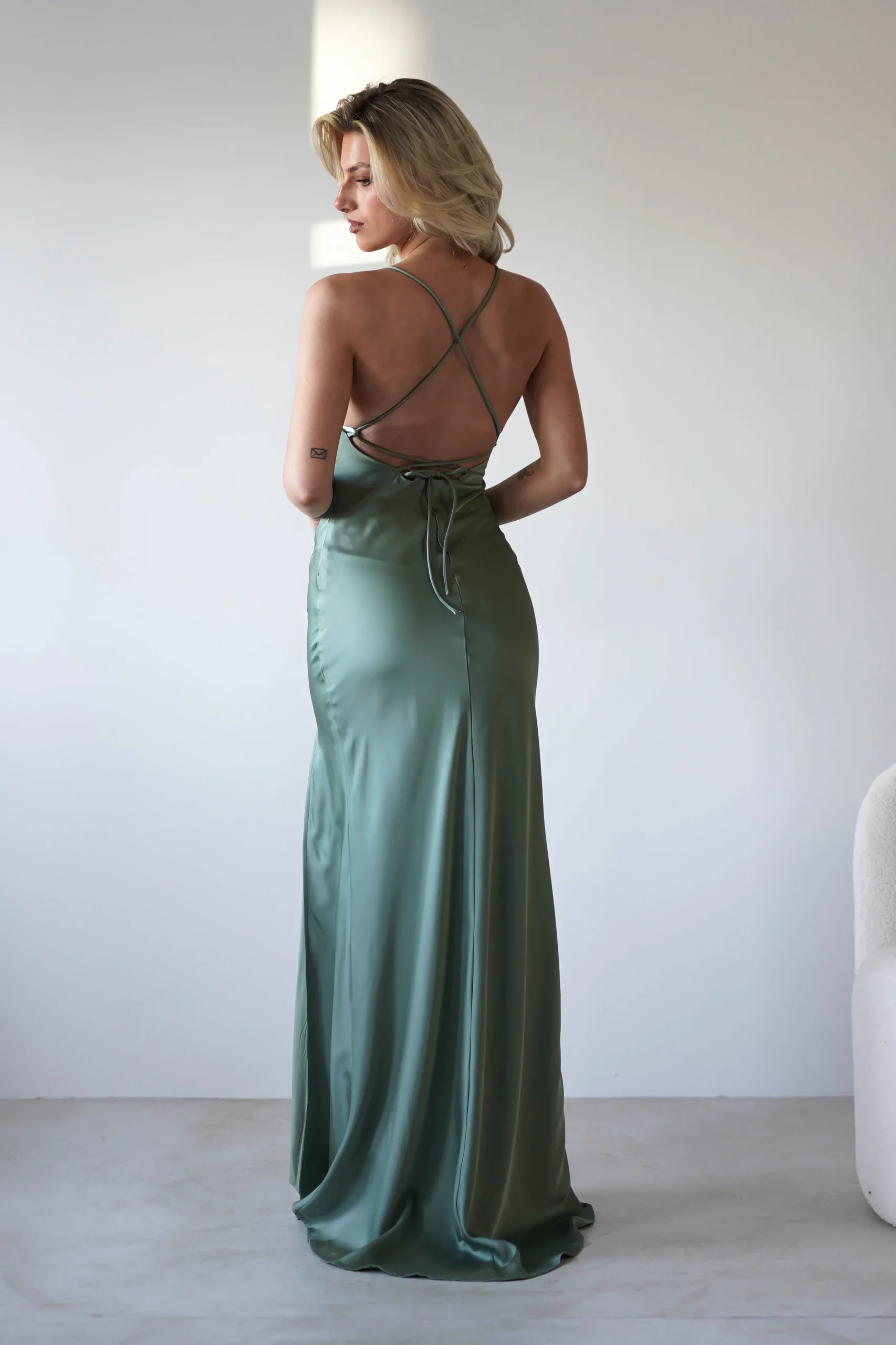 Elsa Matte Satin Maxi Gown | Olive