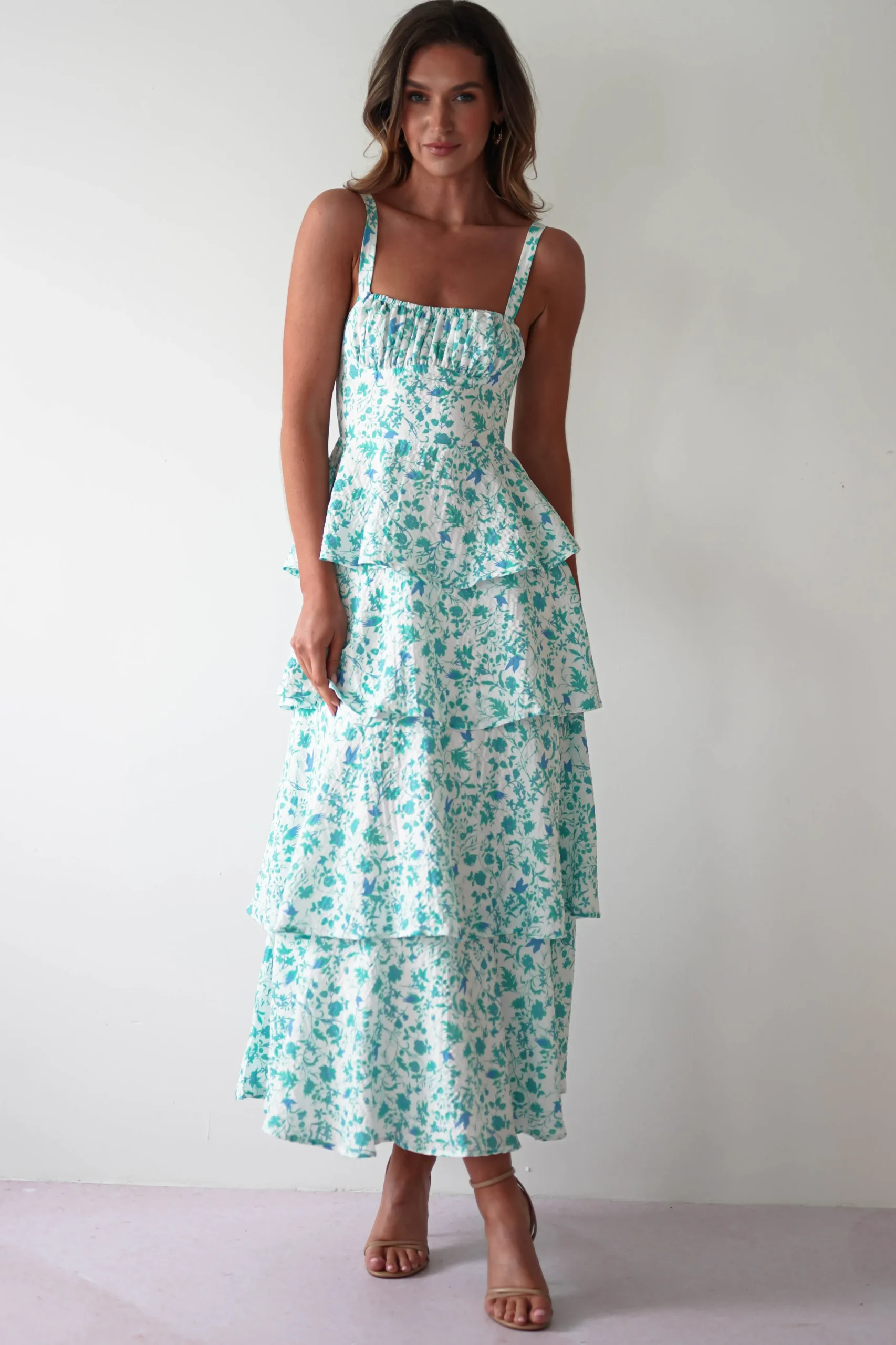 Emily Floral Ruffle Maxi Dress | Green/White