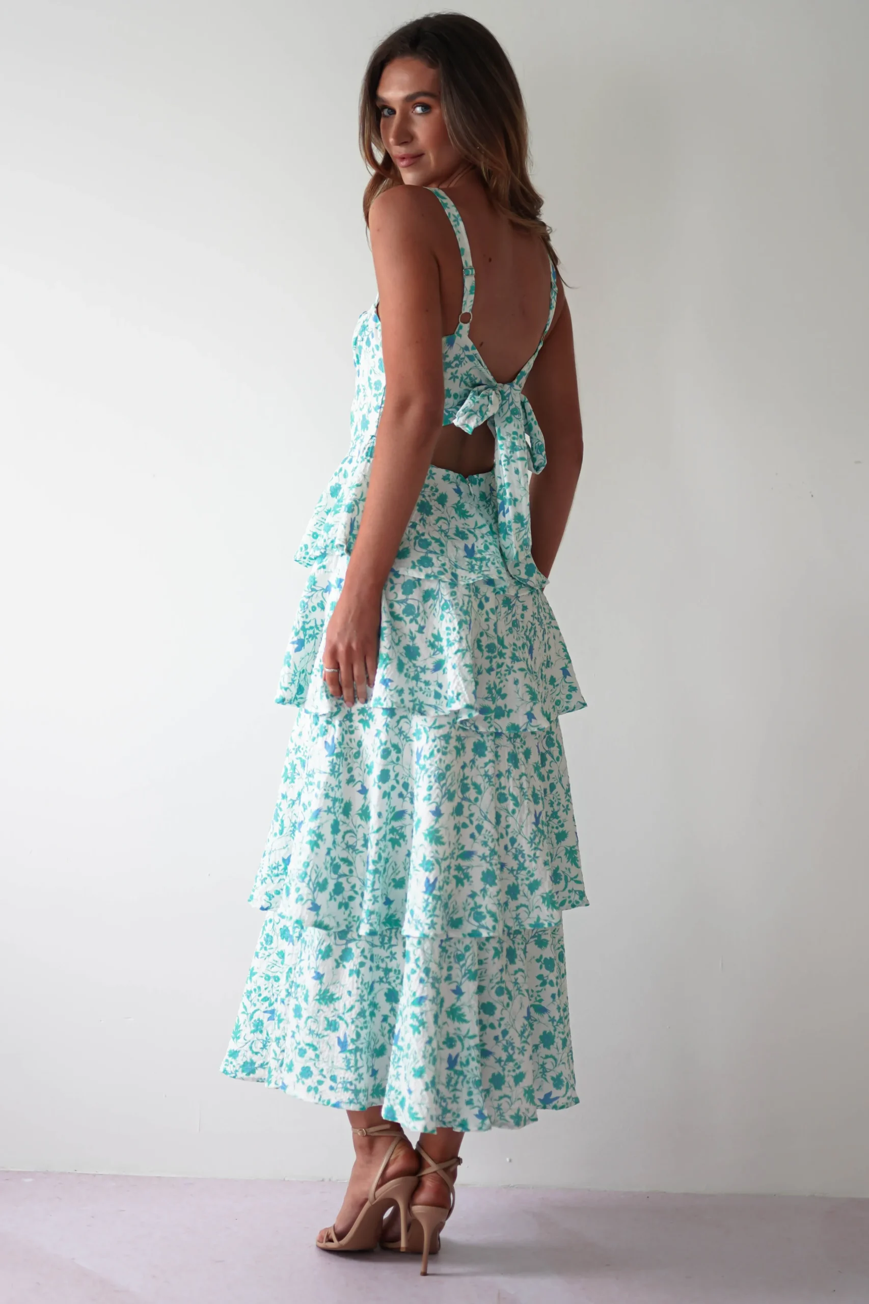 Emily Floral Ruffle Maxi Dress | Green/White