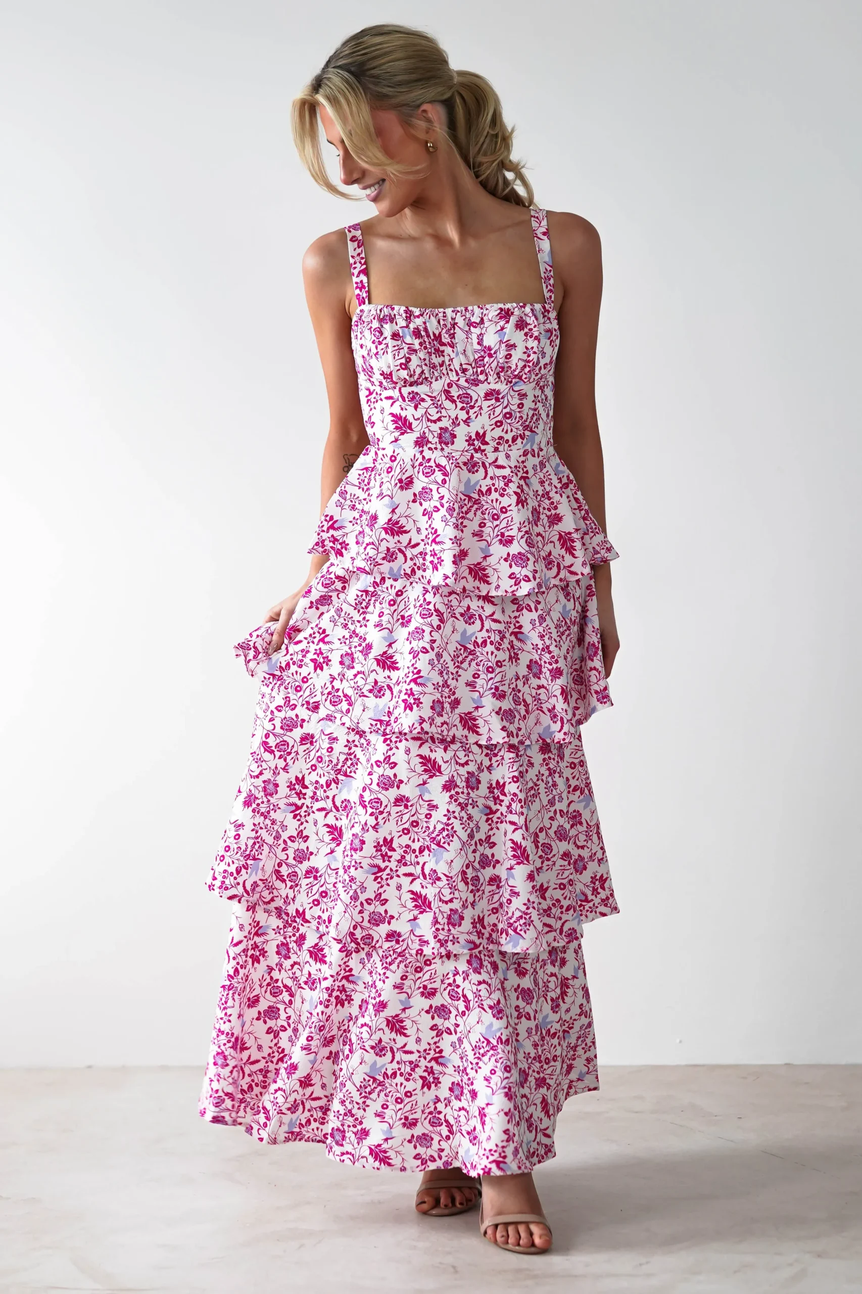 Emily Floral Ruffle Maxi Dress | Pink Print