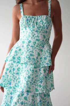 Emily Floral Ruffle Maxi Dress | Green/White