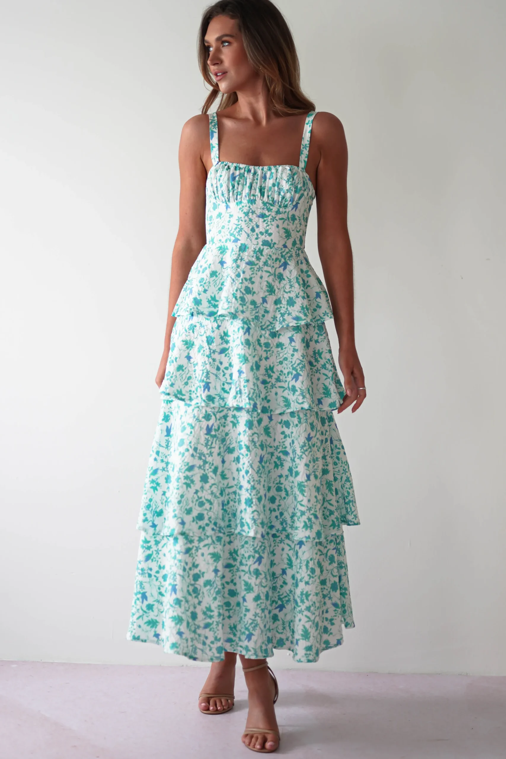 Emily Floral Ruffle Maxi Dress | Green/White