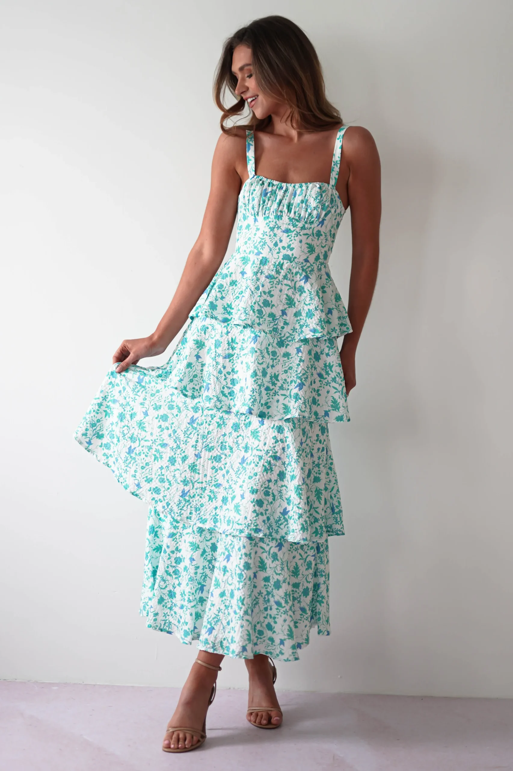 Emily Floral Ruffle Maxi Dress | Green/White