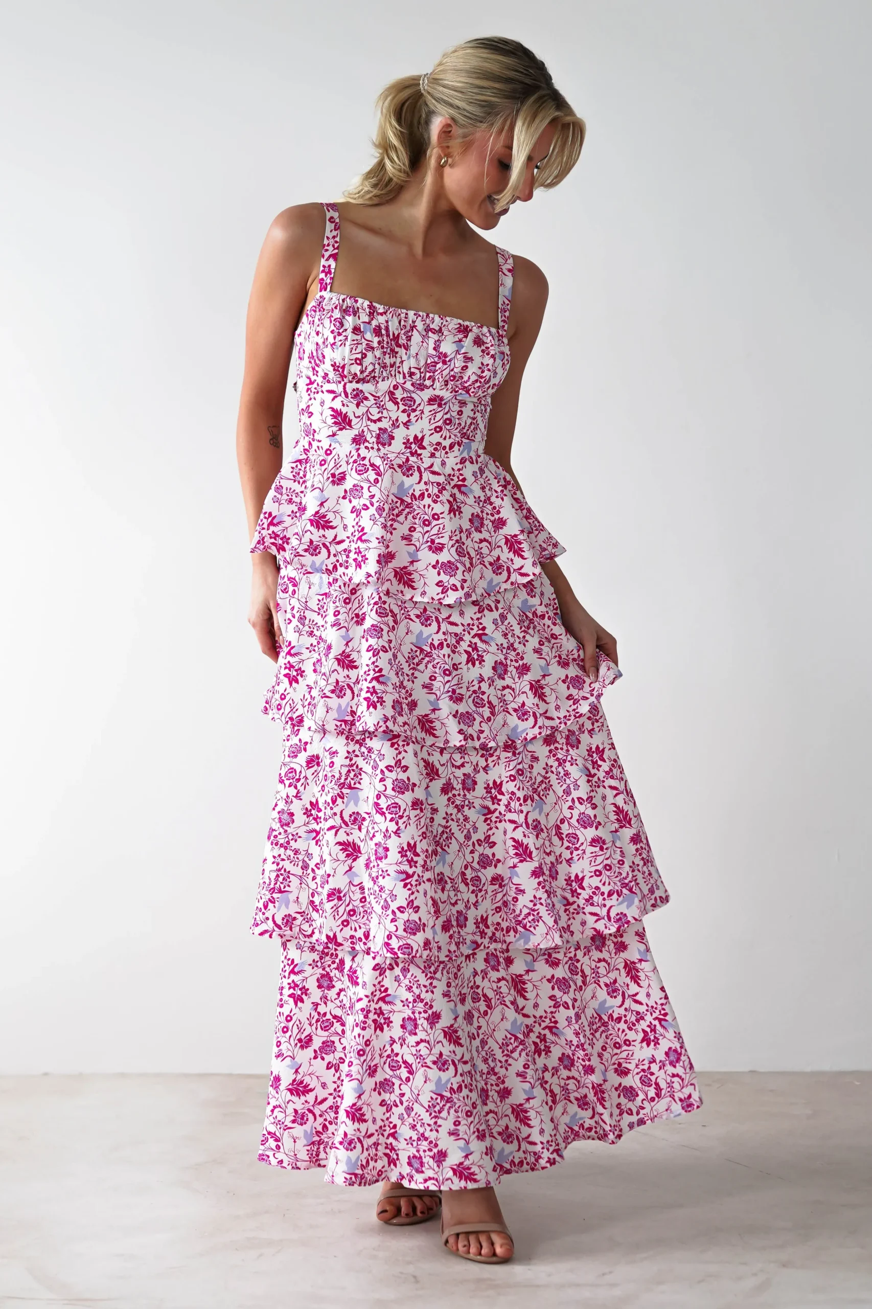 Emily Floral Ruffle Maxi Dress | Pink Print