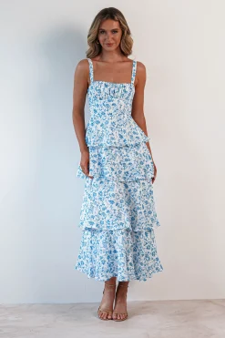 Emily Floral Ruffle Maxi Dress | Blue/White
