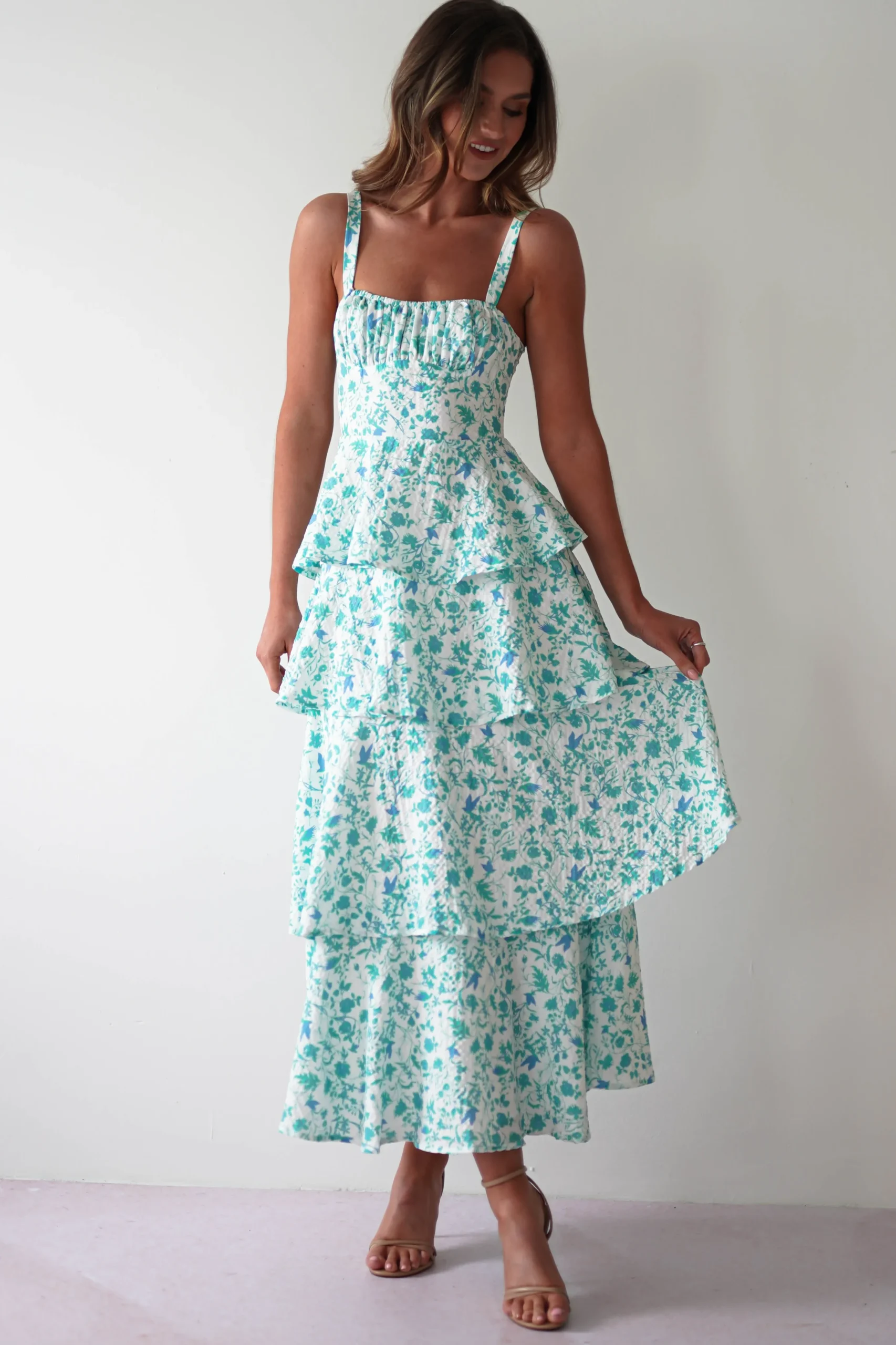 Emily Floral Ruffle Maxi Dress | Green/White