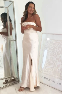 Everly Strapless Satin Midi Dress | Champange