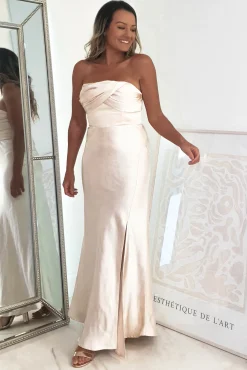 Everly Strapless Satin Midi Dress | Champange