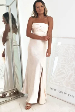 Everly Strapless Satin Midi Dress | Champange