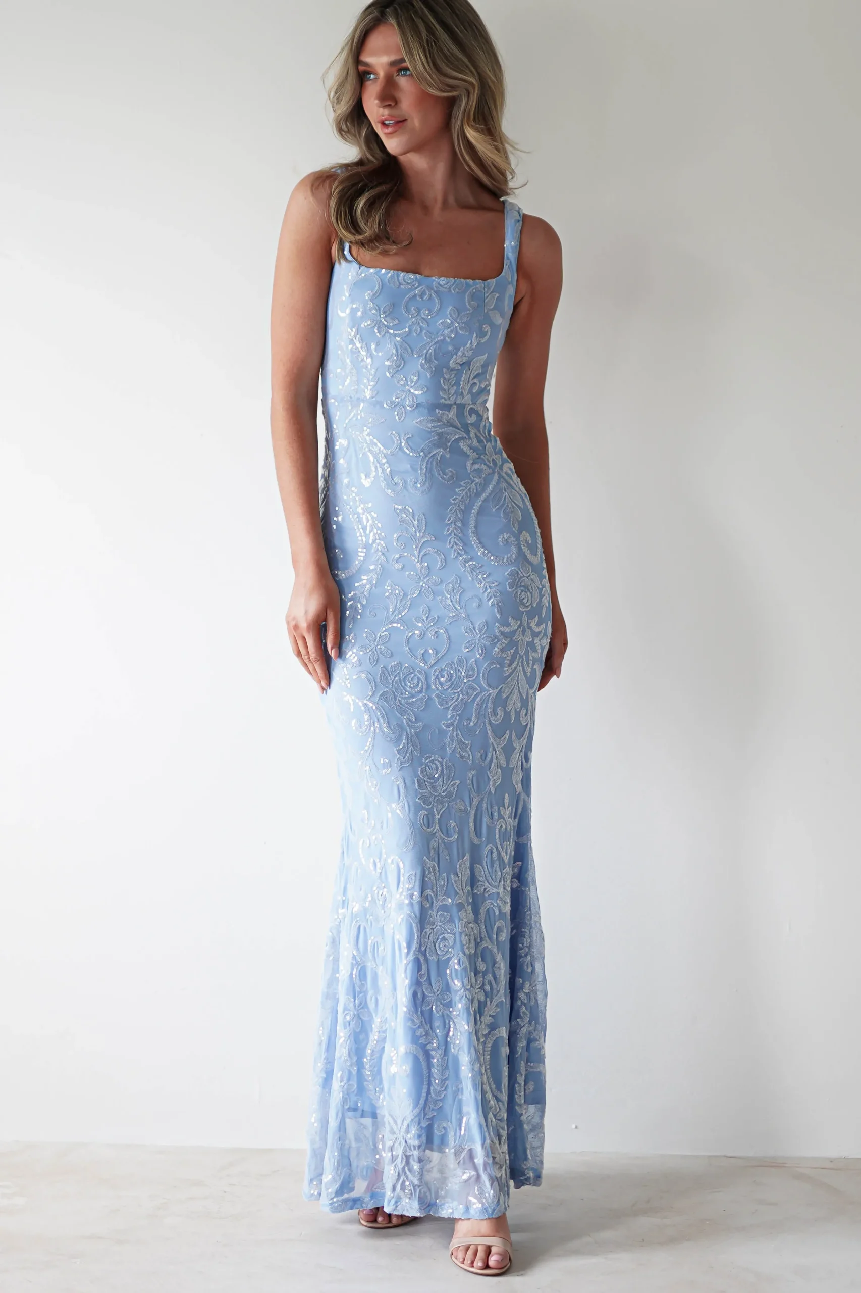 Halo Square Neck Sequin Maxi Gown | Blue