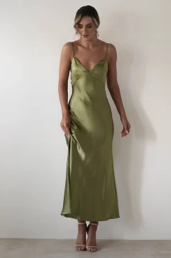 Hermie Silky Satin Maxi Dress | Olive