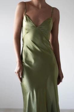 Hermie Silky Satin Maxi Dress | Olive