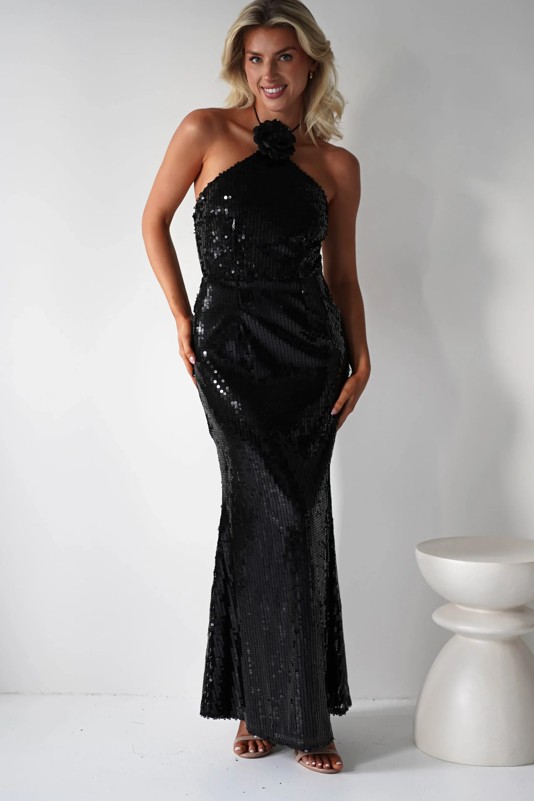 Jonna Halter Neck Sequin Maxi Dress | Black