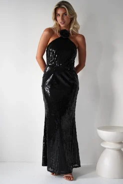 Jonna Halter Neck Sequin Maxi Dress | Black
