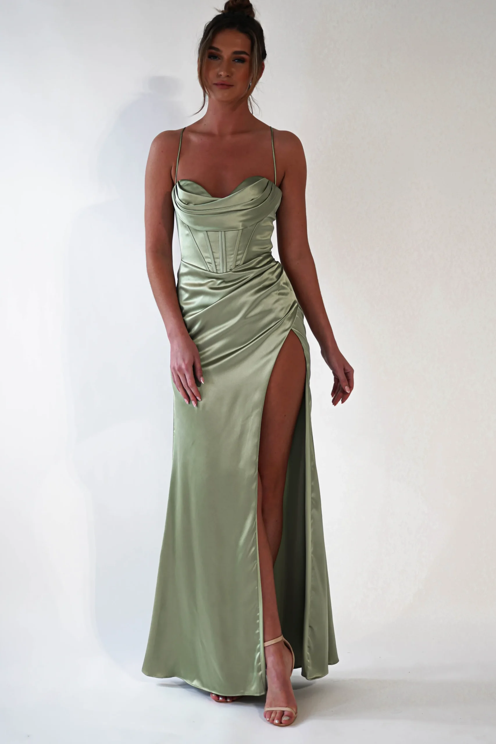 Julianne Corset Satin Gown | Sage