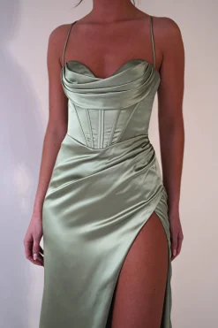 Julianne Corset Satin Gown | Sage