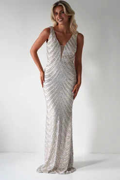 Julietta Sequin Bodycon Maxi Dress | Silver/Nude
