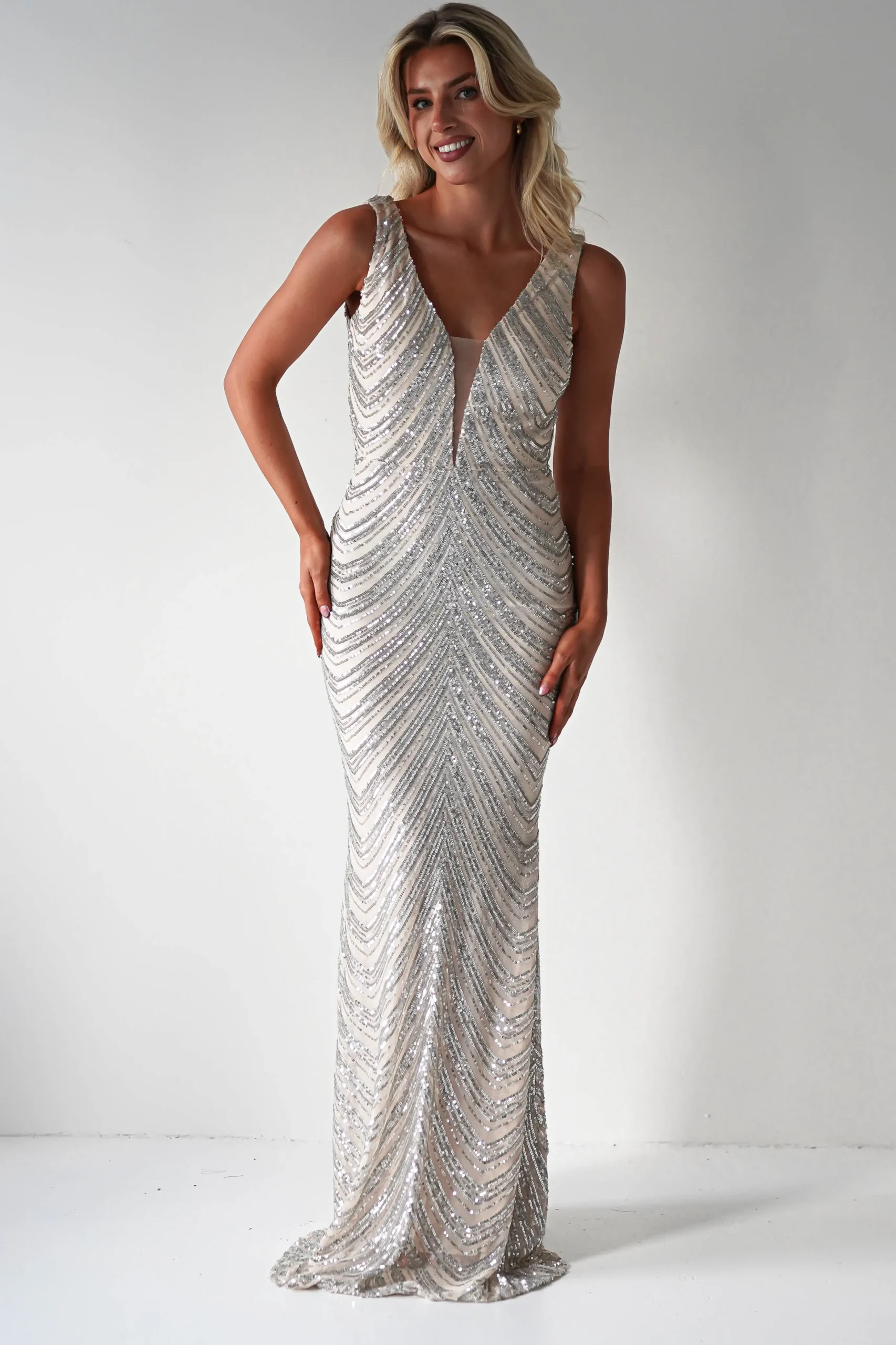 Julietta Sequin Bodycon Maxi Dress | Silver/Nude