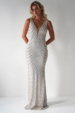 Julietta Sequin Bodycon Maxi Dress | Silver/Nude