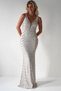 Julietta Sequin Bodycon Maxi Dress | Silver/Nude