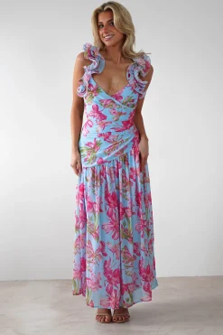Karmen Ruffle Floral Midaxi Dress | Blue/Pink