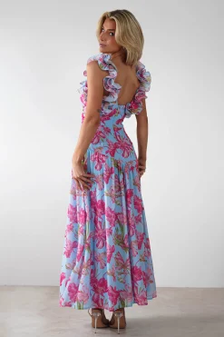Karmen Ruffle Floral Midaxi Dress | Blue/Pink