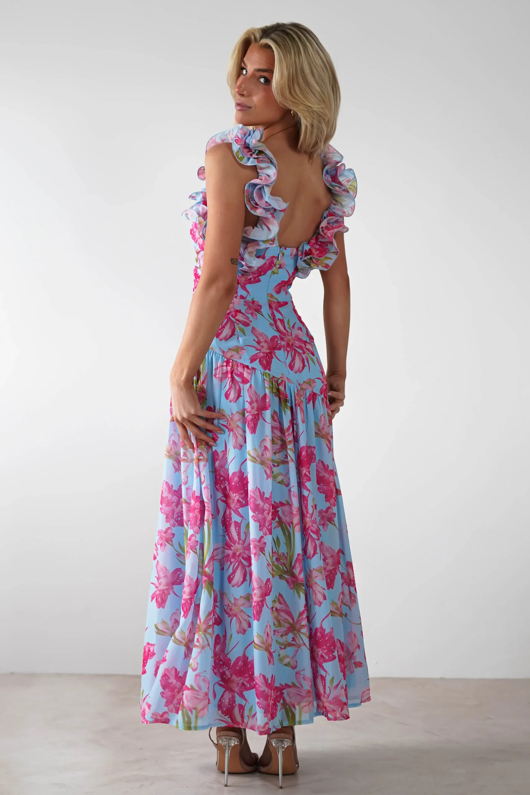 Karmen Ruffle Floral Midaxi Dress | Blue/Pink