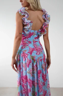 Karmen Ruffle Floral Midaxi Dress | Blue/Pink