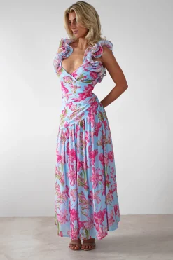 Karmen Ruffle Floral Midaxi Dress | Blue/Pink