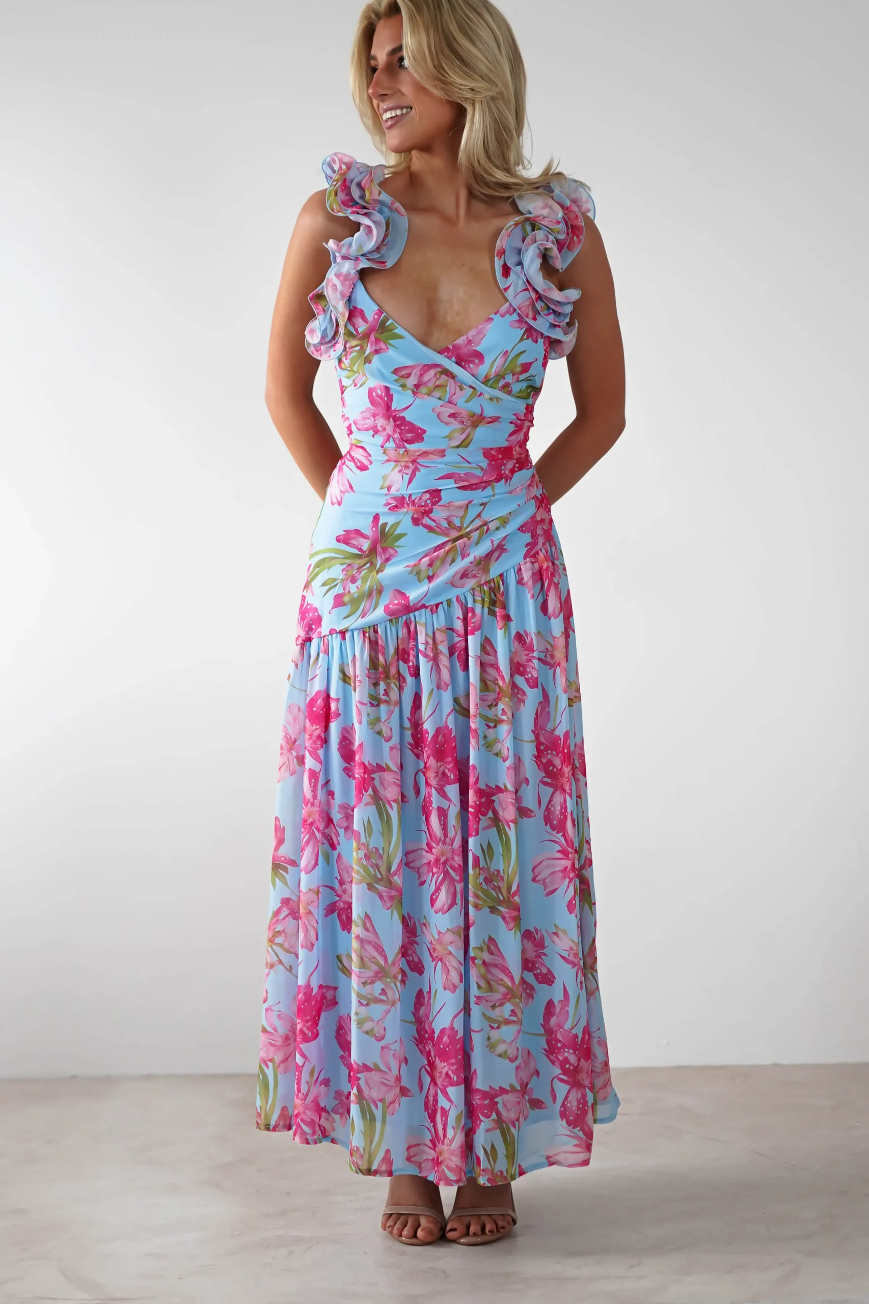 Karmen Ruffle Floral Midaxi Dress | Blue/Pink
