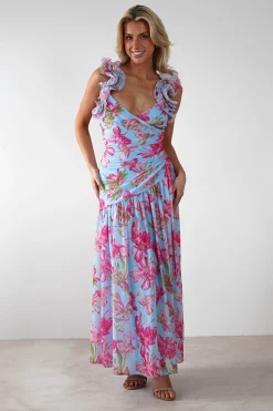 Karmen Ruffle Floral Midaxi Dress | Blue/Pink